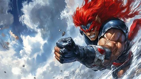 Red haired warrior lunging forward through sky storm