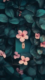 Smartphone with lock icon amid leaves and pink flowers.