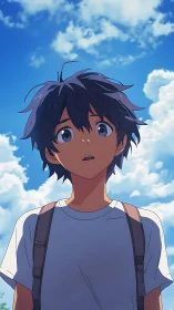 Anime boy with backpack under bright blue summer sky.