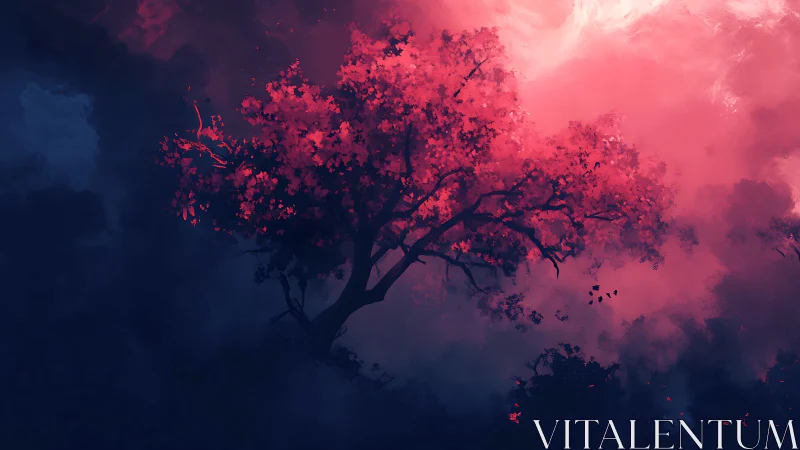 Crimson tree crowns rise through deep indigo misted void.