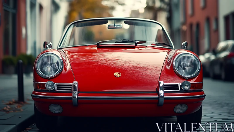 Bright red vintage sports car waits calmly on a quiet street