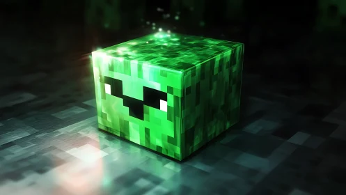 Glowing voxel creeper cube rendered with cinematic 3D lighting