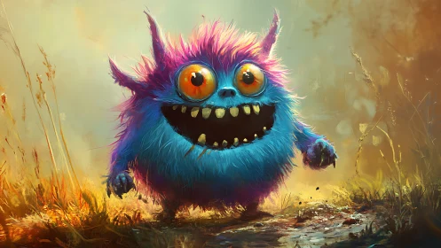 Furry neon monster charges through glowing autumn field.