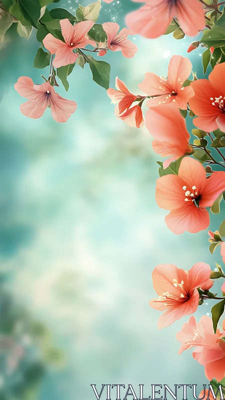 Coral Hibiscus Flowers Against Turquoise Sky Background.