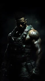 Armored tactical soldier in low-key dramatic side lighting.
