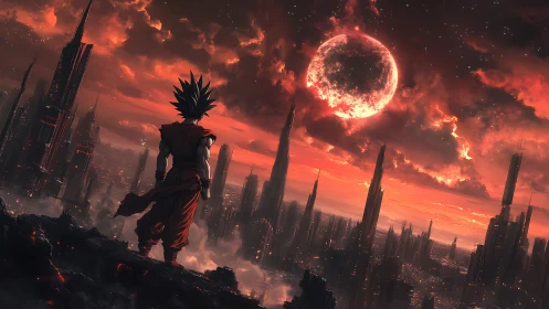 Saiyan warrior surveys apocalyptic sci-fi metropolis at dusk.
