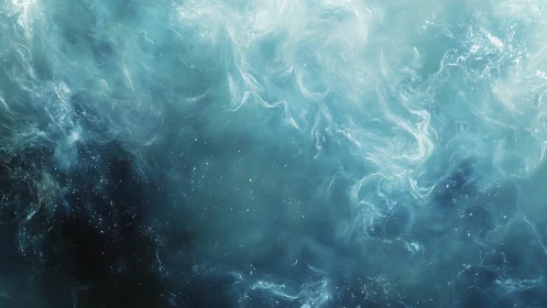 Nebula-like teal cloud field drifts through dark space