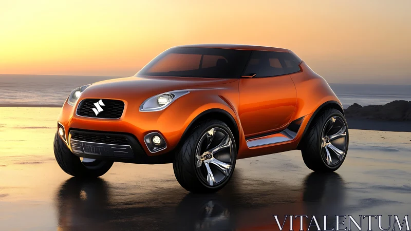 Orange compact crossover concept car on reflective shoreline at dusk