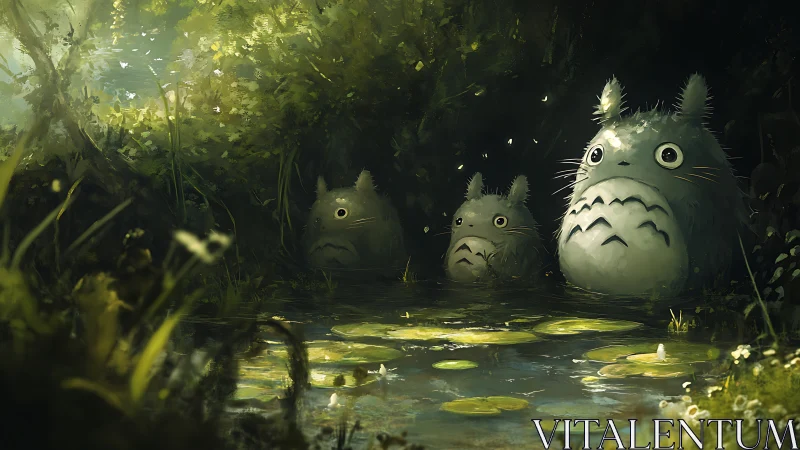 Forest spirits by pond in soft green filtered daylight.