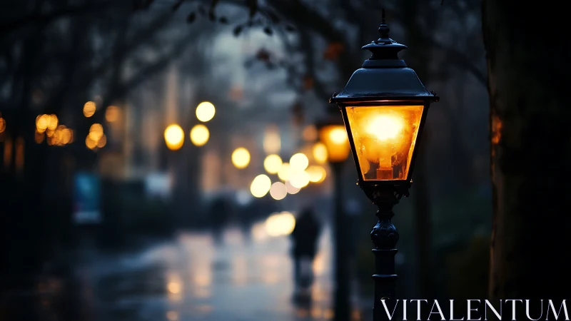 Warm gaslight streetlamp illuminates a rainy urban evening