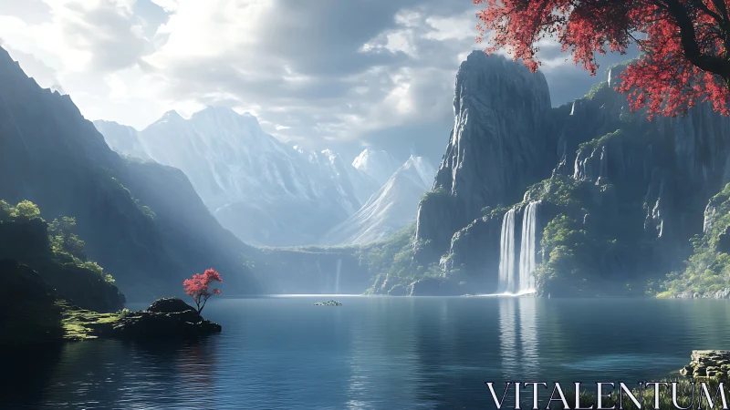 Quiet mountain lake with bright red trees and tall falls.