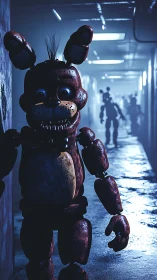 Rust-bitten hallway bunny stalks the neon-lit midnight shift.