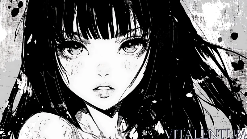 Intense monochrome anime girl portrait with ink textures.