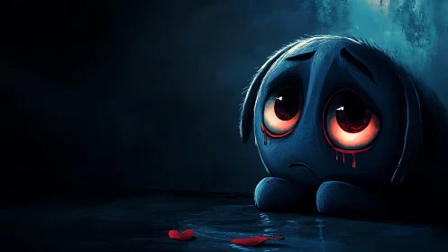 Tiny blue creature guards a shattered heart on the floor