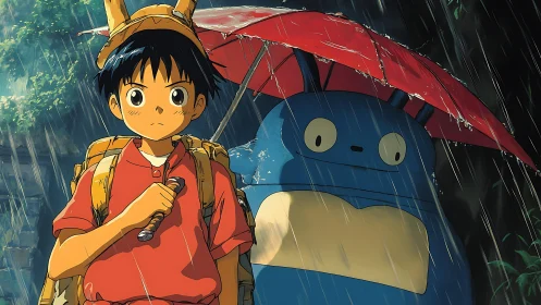 Boy and blue forest creature share red umbrella in rain