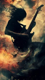 Guitarist riding a cosmic firestorm of swirling sound.