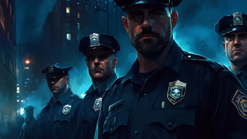 Night patrol officers under cinematic blue city lights.