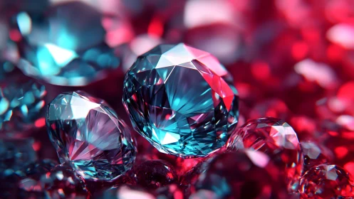 Brilliant Blue and Red Diamonds in Vibrant Artistic Macro Style.