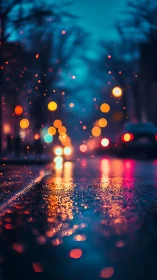 Rainy city street glows with dreamy bokeh lights at dusk