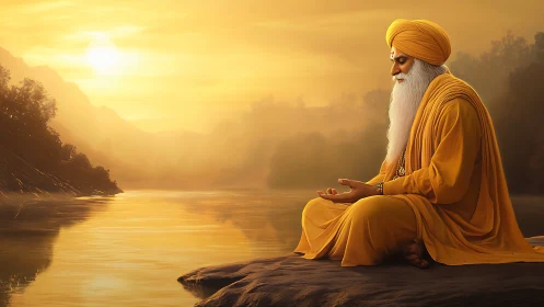 Golden-clad elder meditating by misty river at sunrise.