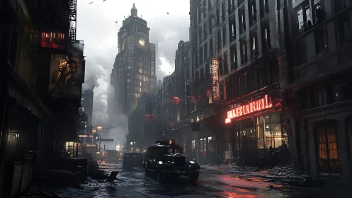 Noir city street sinks into rain-soaked neon and looming tower