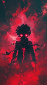 Dark silhouette with glowing red eyes in explosive void