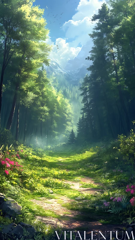 Forest pathway extending toward distant mountain vista.