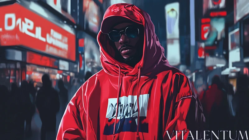 Urban portrait isolates hooded figure in saturated red lighting