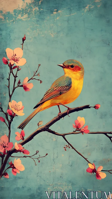 Songbird perched on cherry blossoms over textured teal sky.