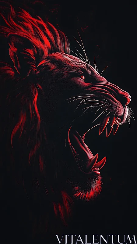 Roaring red-lit lion head emerges from the dark void