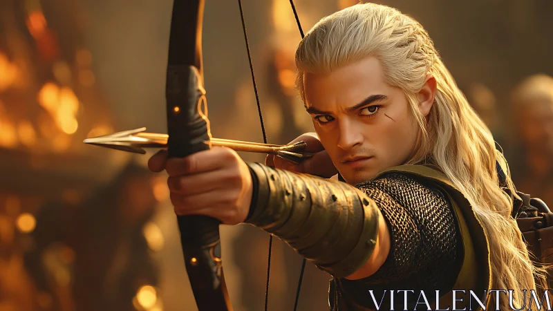 Golden-haired archer poised in firelit fantasy battle.