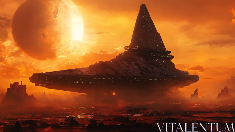 Pyramidal starship over lava plain under burning planet.