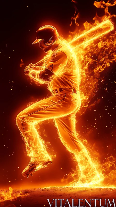Flaming baseball batter in dynamic swing pose rendered digitally.