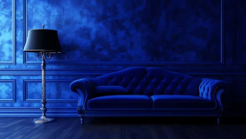 Monochrome blue interior with tufted sofa and floor lamp.