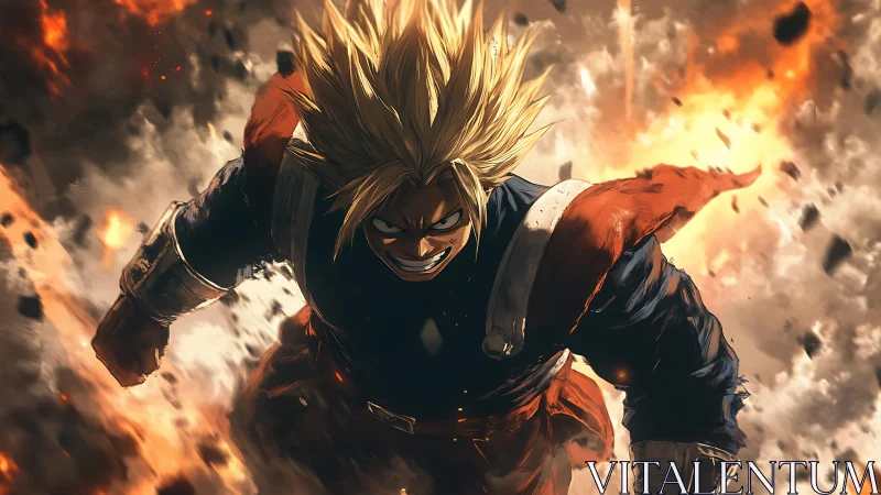 Dynamic anime hero charge amid cinematic explosion field.