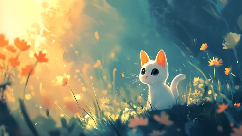 Luminous White Cat Discovers Golden Blossoms in Dreamy Meadow