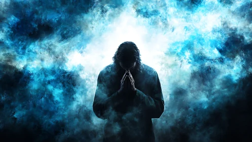 Silhouetted supplicant kneels in storm-washed blue light.