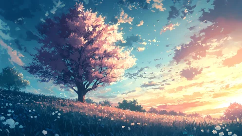 Cherry tree stands on flowered hillside under sunset sky