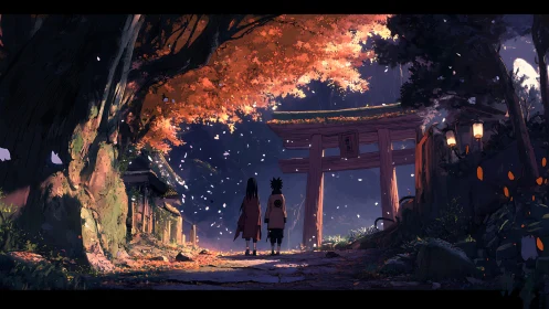 Autumn shrine pathway with two figures under torii gate at dusk.