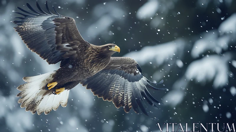 Majestic eagle soaring in snowfall, wildlife photography style.