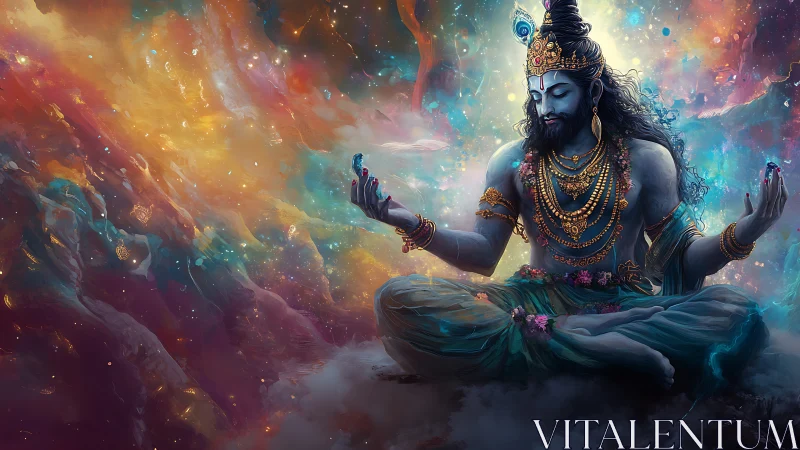 Cosmic meditation of jeweled blue deity in nebula space.