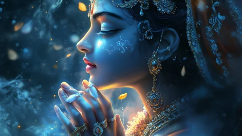 Luminous goddess in blue haze with jeweled devotion.