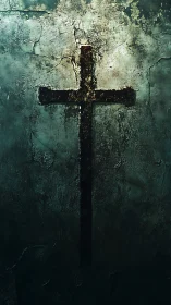 Weathered cross silhouette on cracked, textured wall.