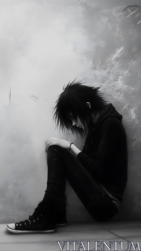 Solitary teen sits against worn wall in grayscale silence