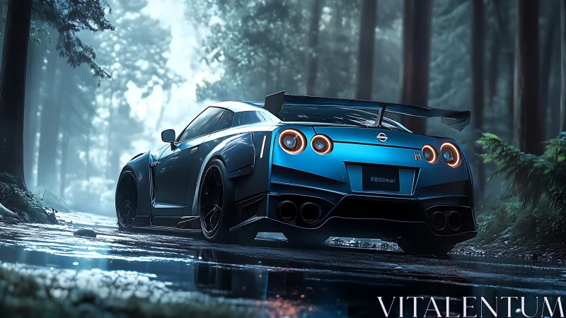 Blue sports coupe on wet forest road in diffuse light.