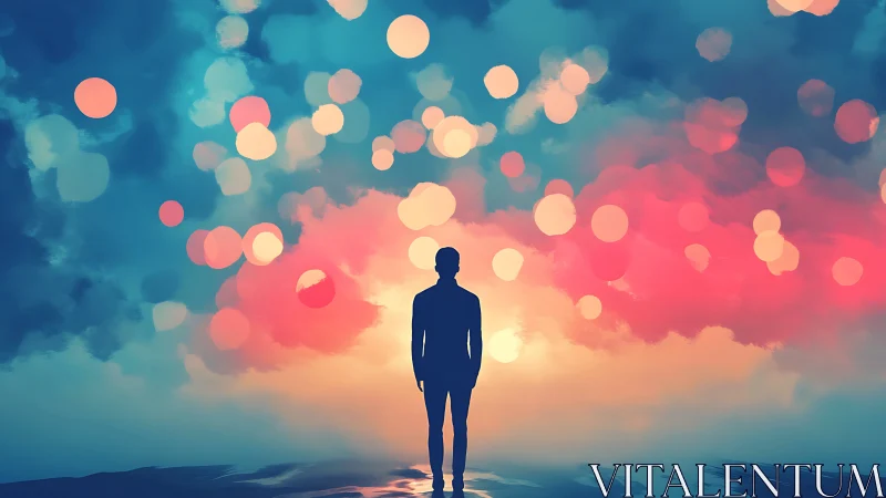 Silhouette in a sky of drifting dreams and bright questions.