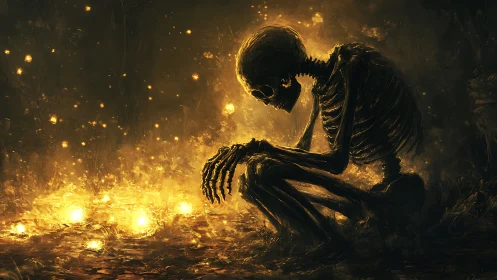 Backlit skeletal figure studying bioluminescent ground orbs in darkness