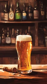 Amber ale glows against a storytelling wall of bottles.