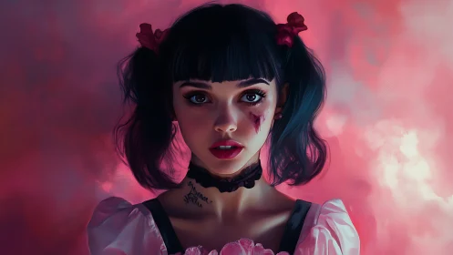 Young woman with bruised face stares forward against pink haze