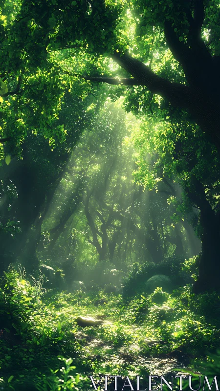Sunlit Forest Canopy with God Rays.